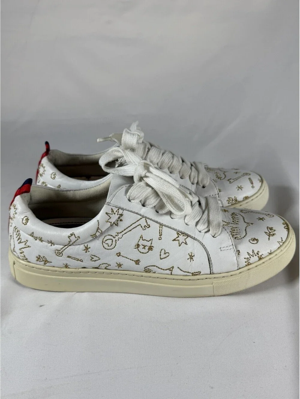 Boden White Leather Sneakers with Gold Embroidered Doodle Motif 38